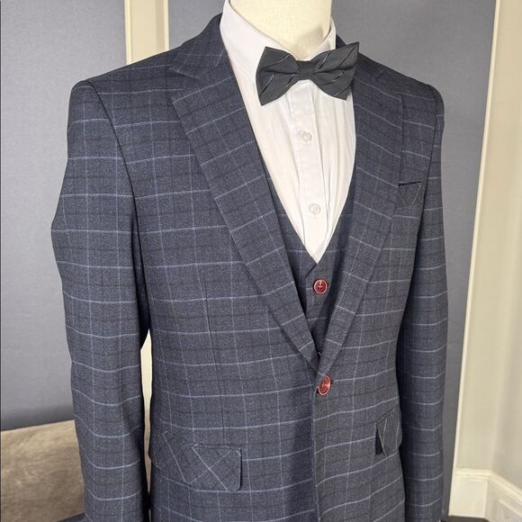 Men’s Dark Blue Plaid 3 Piece Formal Business Suit Jacket 34 Pants 32 NWT - Picture 2 of 16